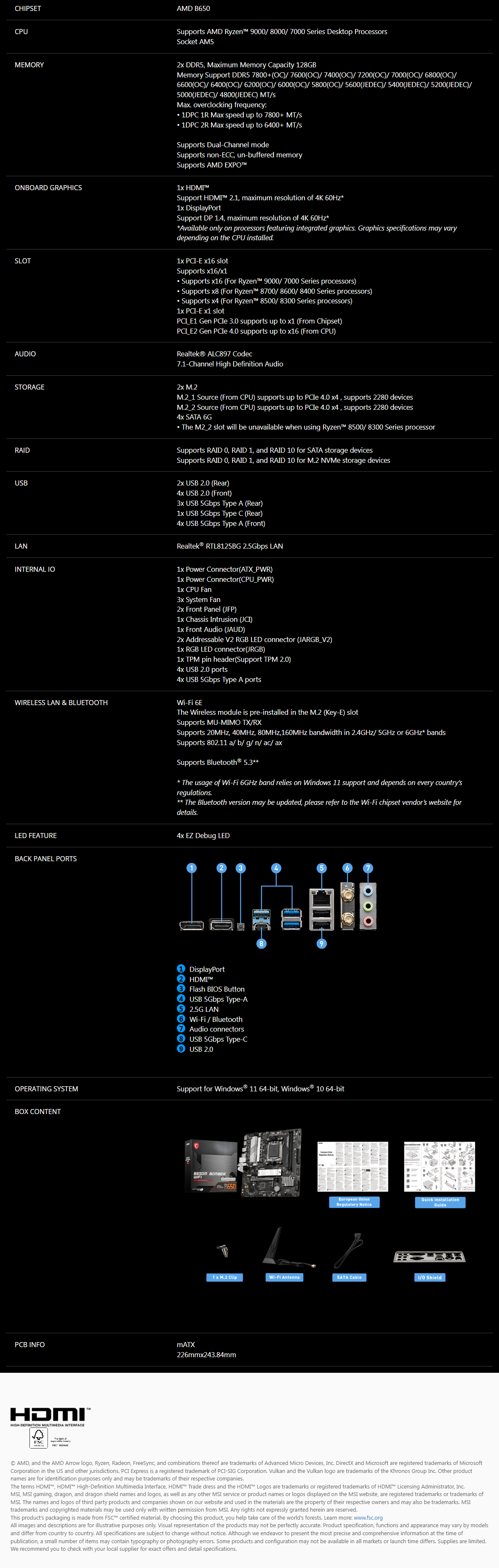 MSI B650M BOMBER WIFI AMD mATX Motherboard long picture
