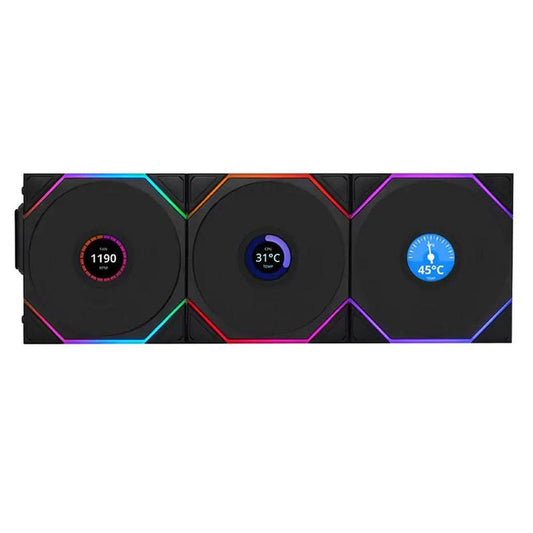 Lian Li Uni Fan TL120 LCD Reverse Blade Wireless ARGB 120mm Fan - Black (3-Pack)