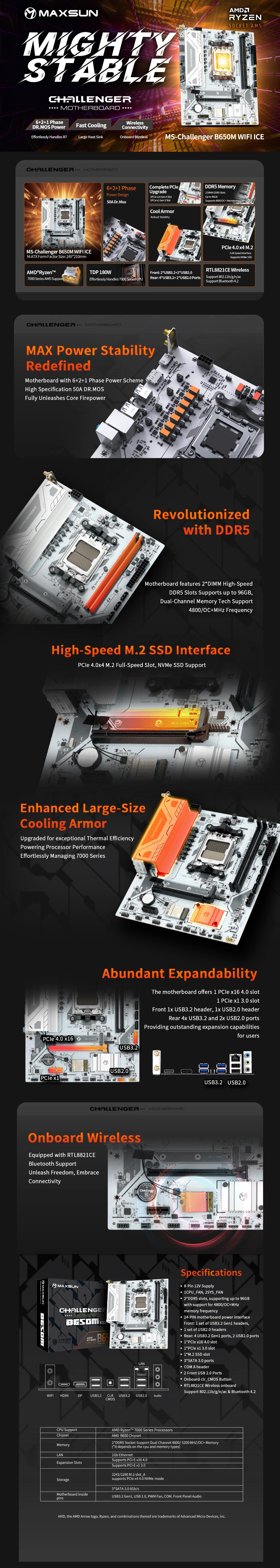 MAXSUN Challenger B650M WIFI ICE AM5 DDR5 mATX Motherboard long picture