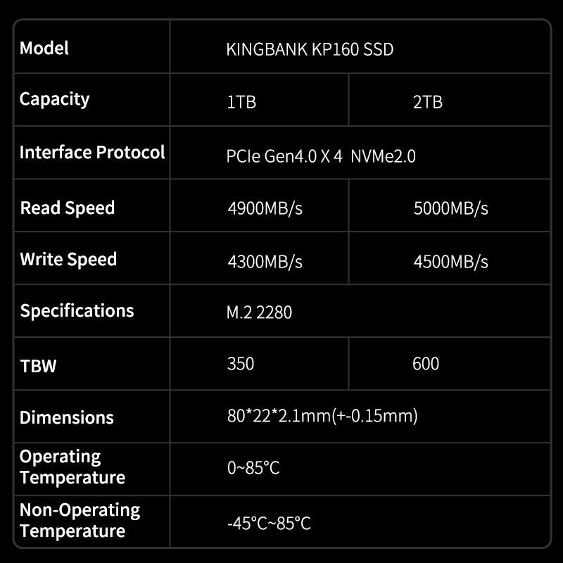 Kingbank KP160 1TB M.2 5000/4200 PCIe 4.0 NVMe M.2 2280 SSD