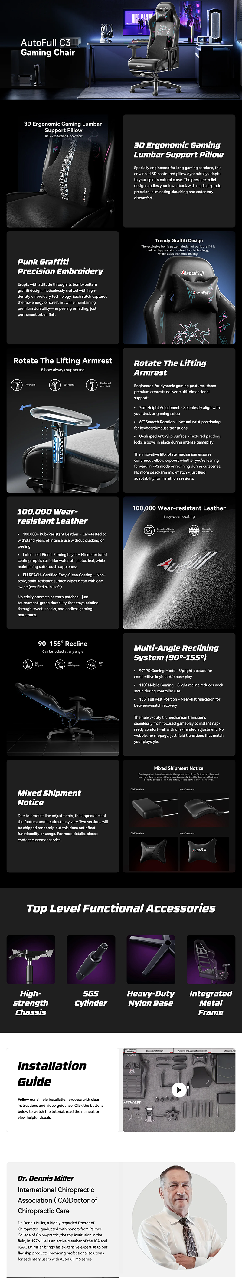 AutoFull C3 Graffiti Gaming Chair With Built In Lumbar Support (AF111BSSA)(Black & Purple) long picture