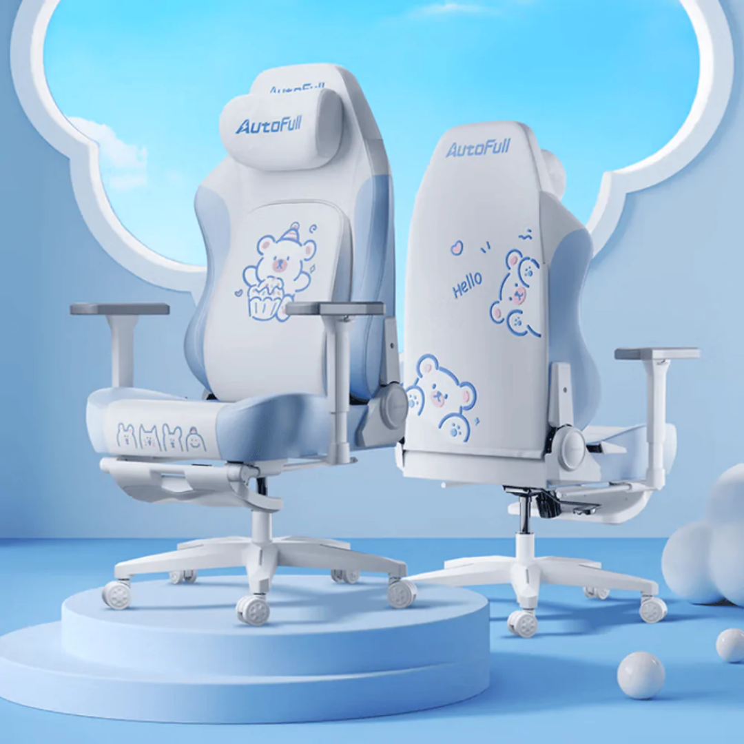 AutoFull C3 Pro Gaming Chair With 3D Headrest & Advanced Lumbar support (Snow White Bear edition)